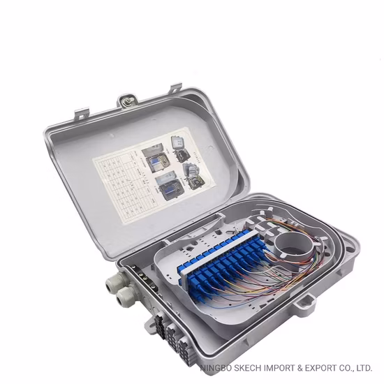 Caja de distribución de fibra óptica Caja de terminales de fibra óptica FTTH de 24 núcleos para divisor 1: 16/2: 8 Caja de fibra para montaje en pared Fibras de salida de 24 puertos